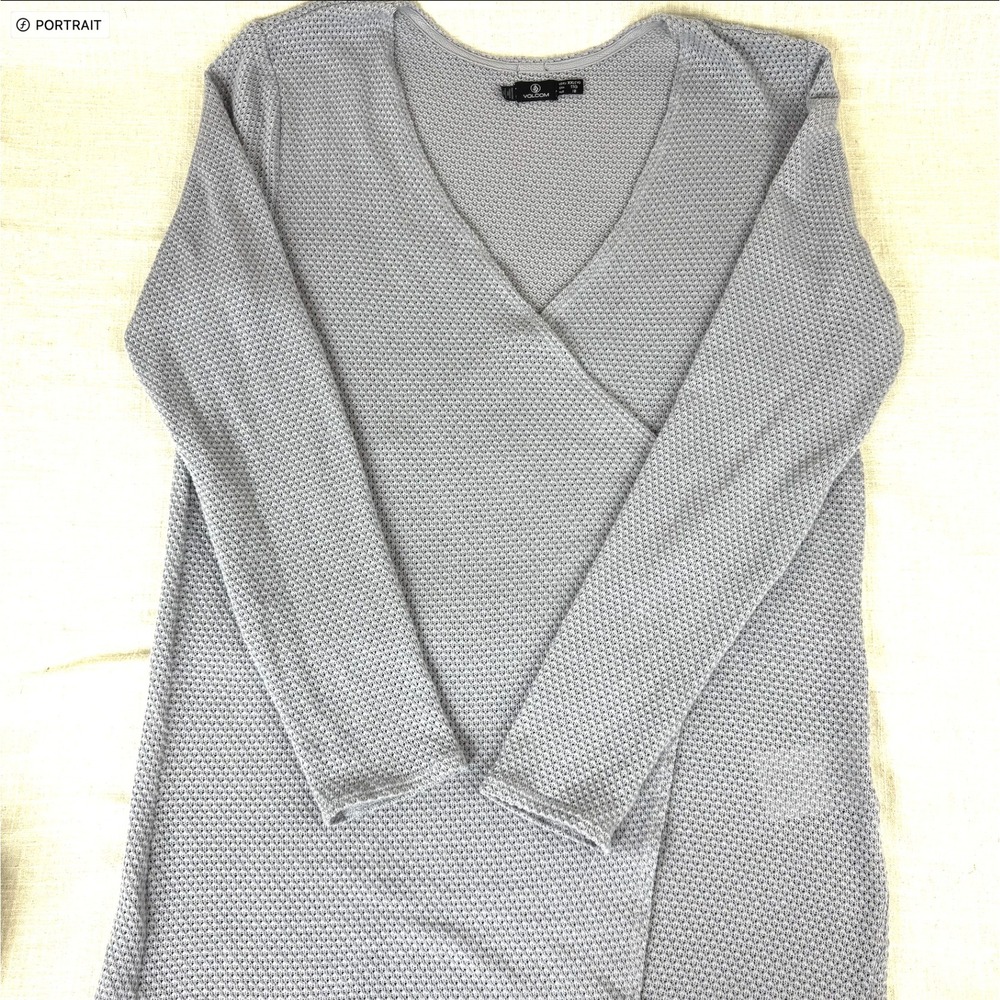 Volcom Surplice Sweater Womens Medium Grey Excellent Pointelle Knit Wrap V-Neck